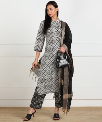 VAHSON Checkered, Geometric Print, Color Block Kurta, Palazzo & Dupatta Set