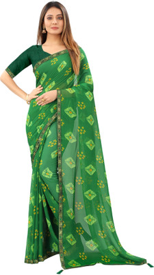 RHEY Printed Bandhani Chiffon Saree(Green)