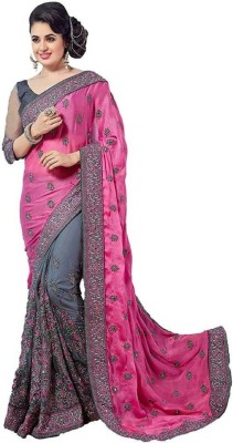 Kedar Fab Embroidered Bollywood Silk Blend Saree(Pink, Grey)