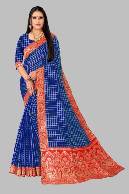 SareeOpera Checkered Bollywood Art Silk, Cotton Silk Saree(Red, Blue)