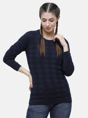 98 Degree North Self Design Round Neck Casual Women Blue Sweater