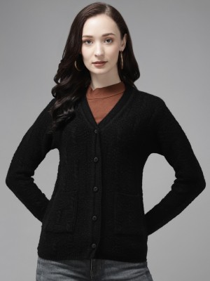 CAYMAN Self Design V Neck Casual Women Black Sweater