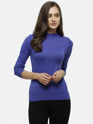 98 Degree North Solid High Neck Casual Women Blue Sweater