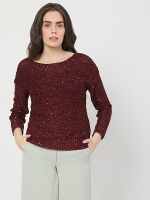 VERO MODA Embellished Round Neck Casual Women Purple Sweater