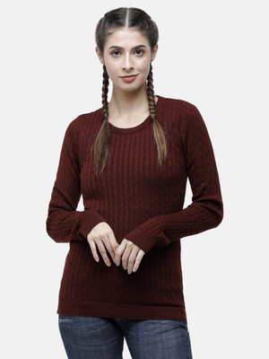 98 Degree North Self Design Round Neck Casual Women Brown Sweater