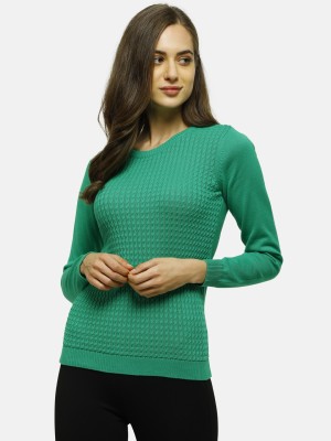 98 Degree North Self Design Round Neck Casual Women Green Sweater