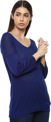 VAN HEUSEN Self Design V Neck Casual Women Blue Sweater