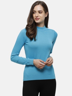 98 Degree North Solid High Neck Casual Women Blue Sweater