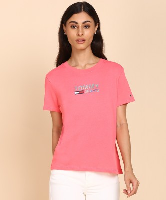 TOMMY HILFIGER Printed Women Round Neck Pink T-Shirt