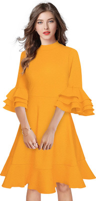 Wonder Villa Trendz Women Drop Waist Yellow Knee Length Dress