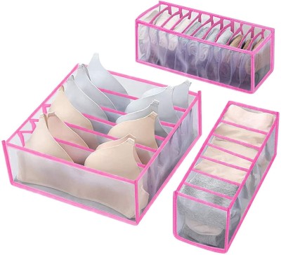 HOUSE OF QUIRK Underwear Drawer Organizer for Underwear, Bras and Socks, or Closet Storage Bags 3 Pieces of 6/7 /11 Compartments Travel Toiletry Kit(Pink)