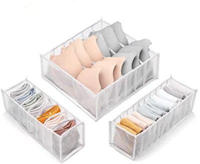 HOUSE OF QUIRK Underwear Drawer Organizer for Underwear, Bras and Socks, or Closet Storage Bags 3 Pieces of 6/7 /11 Compartments-White Travel Toiletry Kit(White)