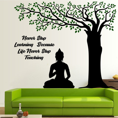 WOLLPAP 105 cm Lord Buddha - Meditate - Under - Tree - Inspiration - Motivation - Quote - Colorful - Decorative - Wall Sticker - WP058 Self Adhesive Sticker(Pack of 1)