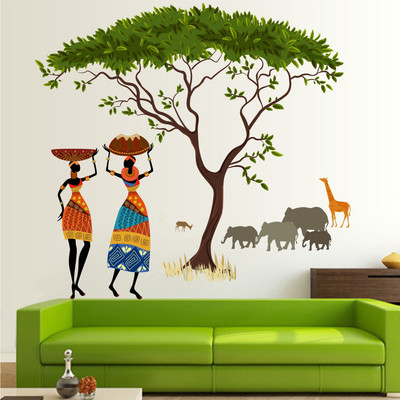 WOLLPAP 100 cm African Tribal Women - Tree – Animal – Nature - Colorful - Decorative - Wall Sticker - WP054 Self Adhesive Sticker(Pack of 1)