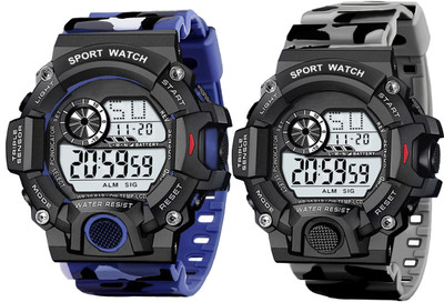 IIK Collection IIK-DG-012-014-Blue-Grey Military Strap | 12h/24h Time | Led back light | Multi-Functional | Calendar Day and Date | Alarm | LED Display | Digital Watch  - For Men
