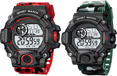 IIK Collection IIK-DG-010-011-Red-Green Military Strap | 12h/24h Time | Led back light | Multi-Functional | Calendar Day and Date | Alarm | LED Display | Digital Watch  - For Men