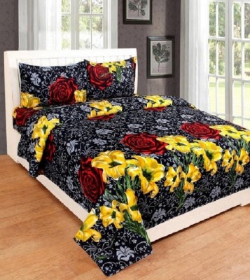 OSM 160 TC Microfiber Double Abstract Flat Bedsheet(Pack of 1, Black Yellow Flower)