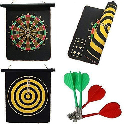 ARNIYAVALA Magnet Dart Board Game for Kids ,Double Sided with Darts, Size 15 Inches Magnetic, Velvet Plastic Steel Reversible 4 Colourful Non Pointed Darts (Multicolour) Dart Board Game