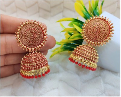 DECOLOGY Stylish Beautiful & Attractive Kundan Jhumka earrings for Girls and Women (Red) Brass Jhumki Earring