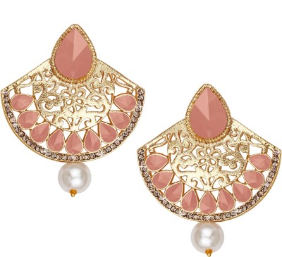JFL - Jewellery for Less Stylish Gold Tone Drop Polki Stone and Cz LCD Diamond Studded Filigree Earring for Women and Girls. Pearl Copper Drops & Danglers