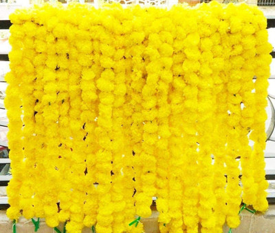 Maseo artificial marigold fluffy and attractive flower pack of 5 Yellow Marigold Artificial Flower(60 inch, Pack of 5, Garlands)