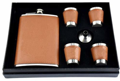 EBOFAB Leather Stainless Steel Hip Flask with 4 Shot Glasses + Funnel, 8 Oz (230 Ml), Brown Wine Whiskey Alcohol Drinks Holder Pocket Hip Flask for Men and Womens. Stainless Steel Hip Flask(230 ml)