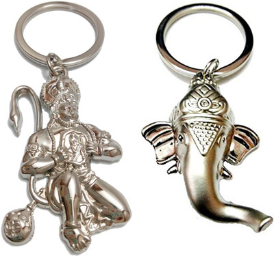 kd collections KD-224A-334 - Combo of Lord Ganesh Keychain & Bajrangbali Hanuman Keychain|2 Metal Keychains|Silver Color Key Chain