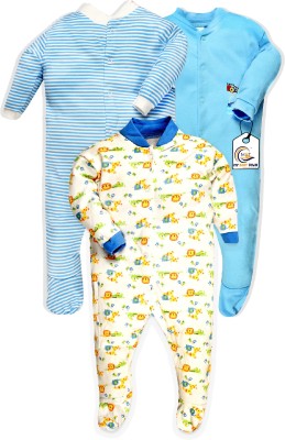 MY BABY TOWN Romper For Baby Boys & Baby Girls Casual Printed, Solid, Striped Pure Cotton(Light Blue, Pack of 3)