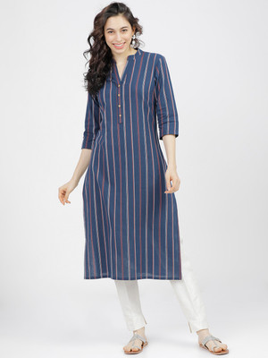 Vishudh Women Striped Straight Kurta(Blue)