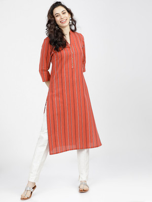 Vishudh Women Striped Straight Kurta(Brown)