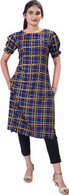 DRESSED UP DIVAS Women Checkered A-line Kurta(Blue)