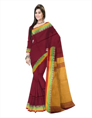 Pradip Fabrics Solid/Plain Tant Silk Blend Saree(Maroon, Yellow)
