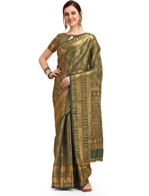 Arriva Fab Paisley Banarasi Cotton Silk Saree(Green, Gold)