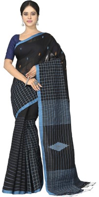 crochetin Checkered Handloom Handloom Cotton Silk Saree(Black)