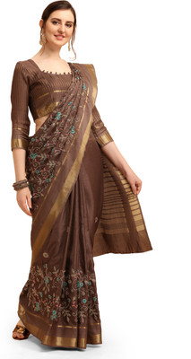 Arriva Fab Embroidered Bollywood Cotton Blend Saree(Brown)