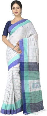 crochetin Woven Jamdani Handloom Cotton Blend Saree(White, Blue)