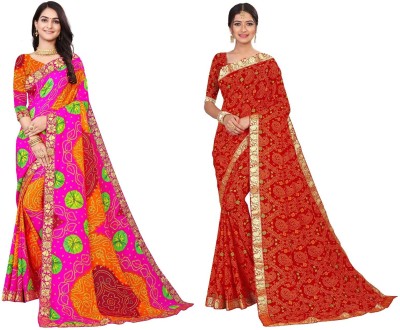 Kanooda Prints Printed Bandhani Georgette Saree(Red, Pink)