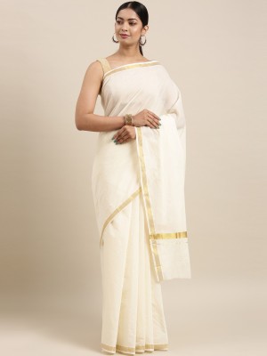 THE CHENNAI SILKS Solid/Plain Kasavu Pure Cotton Saree(White)