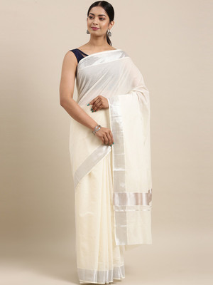 THE CHENNAI SILKS Solid/Plain Kasavu Pure Cotton Saree(White)