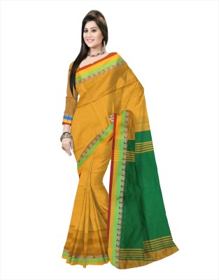 Pradip Fabrics Solid/Plain Tant Silk Blend Saree(Green, Yellow)