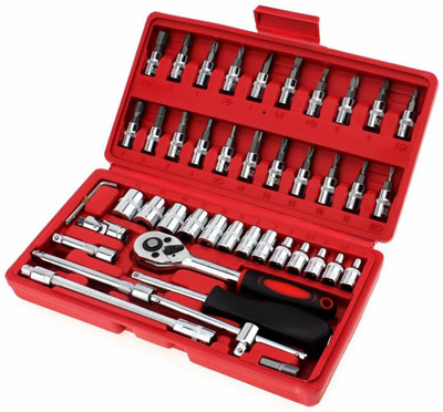 SEAVOKES 46 Piece 1/4” Socket Wrench Set Metric Tool Kit with Wrench Handle, Extension Bars, Flexible Extension Rods, Sockets,Bits, Quick Release Reversible Ratchet, Socket Wrench Set for Car Motorcycle Repair Socket Set Standard Screwdriver Set(Pack of 1)