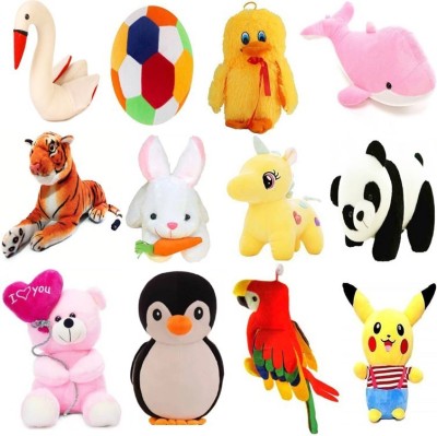 Renox New Viral Edition Very cute and soft 12 Pack Combo of Teddy Bear Toys in Low Budget for Boy/Girl/Gift Parrot, Penguin, Fish, Panda, Duck, Unicorn, Pikachu, Rabbit, Ball, Balloon Teddy, Tiger, Swan  - 25 cm(Yellow, Blue, Pink, Red, Multicolor)