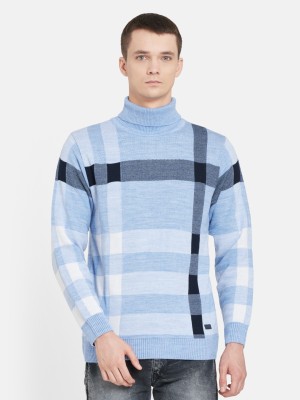 DUKE Checkered High Neck Casual Men Blue Sweater