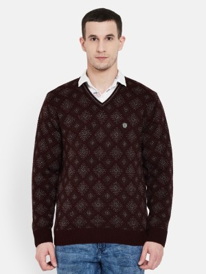 DUKE Printed V Neck Casual Men Maroon Sweater