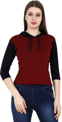 Christone Casual Color Block Women Maroon, Black Top