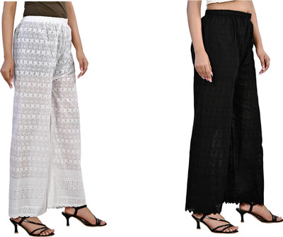 LETZ DEZINE Relaxed Women Black, White Trousers