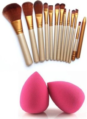 J & F 12 Pc Makeup Brush set + 2 Sponge Puff(Pack of 14)