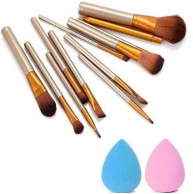 J & F 12 Pcs Makeup Brush + 2 Makeup Blender Puff(Pack of 14)