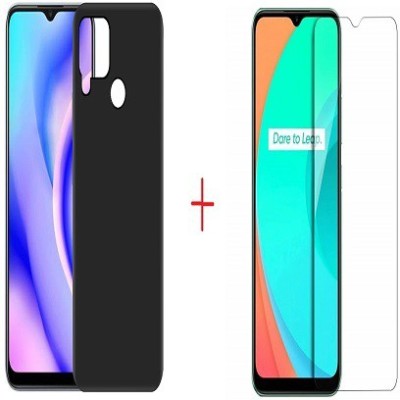 NIMMIKA ENTERPRISES Back Cover for realme c15 back cover & tempered glass(Transparent, Black, Shock Proof, Pack of: 1)