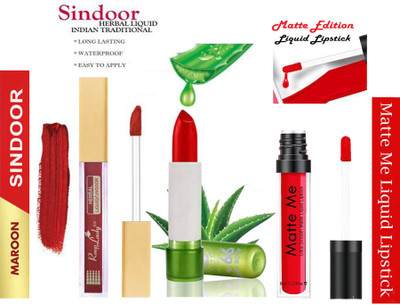 Synecus Kum Kum Herbal Liquid Maroon Sindoor & Aloevera Red Matte Lipstick & Ultra Smooth Liquid Red Lipstick(3 Items in the set)